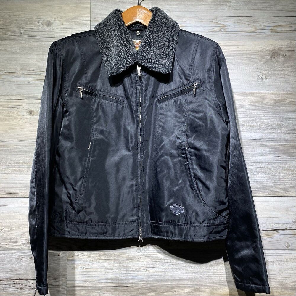 Harley Davidson Nylon Jacket Women’s Large Removable Faux Fur Collar Lined Biker
